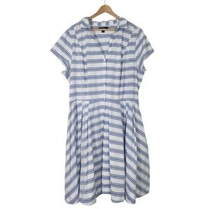 Ellos Blue White Stripe Cotton Shirt Dress Coastal Nautical Pockets 1X preppy